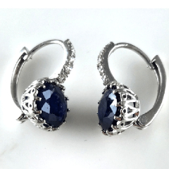 14K White Gold Oval Shape Sapphire Diamond Leverback Earrings 5.48 Ctw