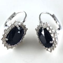 14K White Gold Diamond Halo Oval Shape Sapphire Leverback Earrings 10.66 Ctw