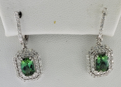 14k White Gold Green Touramline Center Stone Double Diamond Halo with Diamond Veil Lever back Earrings 2.74 Ctw 