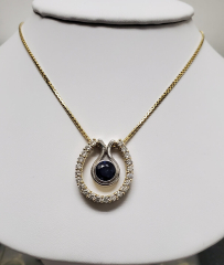 16" Round Blue Sapphire Bezel Set and Round Diamonds Pendant Necklace