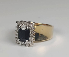 14k Yellow Gold Emerald Shape Blue Sapphire Diamond Halo Ring 