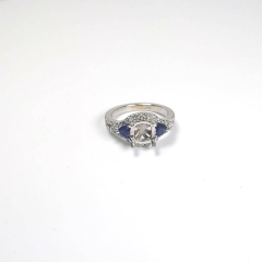 14k White Gold Semi Mount Diamond Halo Two Side Trillion Sapphire Split Shank Diamond Ring 1.18 Ctw 