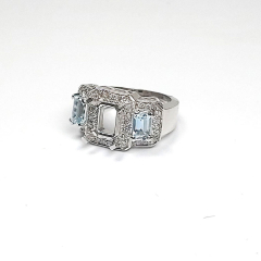 14k Whise Gold Semi Mount Diamond Halo Two Blue Aquamarine Side Stones Diamoind Halo Ring 