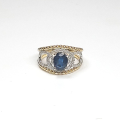 14k Two Tone Oval Sapphire Center Stone Diamond Ring 2.03 Ctw 