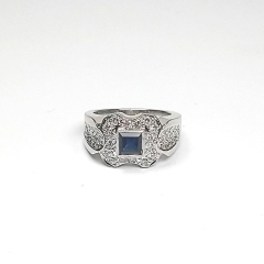 14k White Gold Princess Shape Blue Sapphire Bezel Set Diamond Halo Diamond Ring 1.37 Ctw 