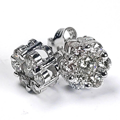 14k White Gold Round Cut Diamonds Cluster Invisibile Screwback Stud Earrings 1.20 Ctw