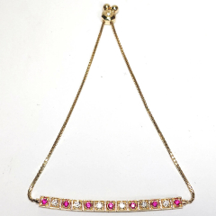 14k Yellow Gold Round Brillant Diamonds and Round Rubies Bar Adjustable Bracelet 0.83 Ctw