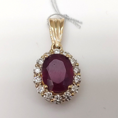 14k Solid Yellow Gold Ruby Center and Diamond Halo Pendant 2.69 Ctw 
