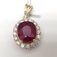 14k Solid Yellow Gold Ruby Center and Diamond Halo Pendant 6.78 Ctw 