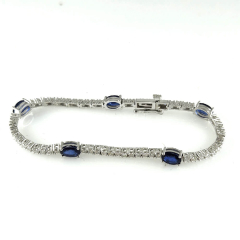 14K White Gold Round Diamond and Oval Blue Sapphire Tennis Bracelet 7x5 7.14 Ctw 