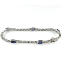 14K White Gold Round Diamond and Oval Blue Sapphire Tennis Bracelet 6x4 4.77 Ctw