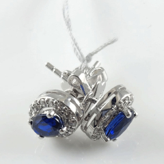 14K White Gold Diamond Halo Oval Blue Sapphire Screwback Earrings 1.52 