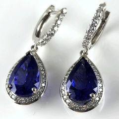 14K White Gold Pear Shape Tanazanite and Diamond Leverback Earrings 8.79 Ctw 