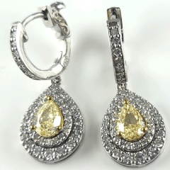 14K White Gold Pear Shape Fancy Yellow Diamond Center and Double Halo Diamond Leverback Earrings 2.01 Ctw 