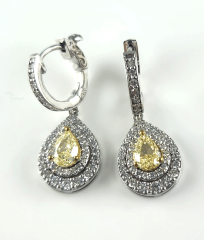 14K White Gold Pear Shape Fancy Yellow Diamond Center and Double Halo Diamond Leverback Earrings 2.01 Ctw 