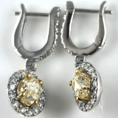 14K White Gold Oval Shape Fancy Yellow Diamond Center Diamond Halo Leverback Earrings 2.34 Ctw 