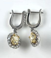 14K White Gold Oval Shape Fancy Yellow Diamond Center Diamond Halo Leverback Earrings 2.34 Ctw 