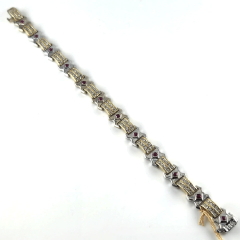 14K 7" Two Tone Round Cut Diamonds and Round Rubies Tennis Bracelet 3.48 Ctw