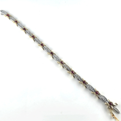  14K 7" Two Tone Round Cut Diamonds and Round Rubies Tennis Bracelet 3.36 Ctw 