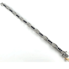 14K 7" White Gold Round Cut Diamonds and Round Blue Sapphires Tennis Bracelet 3.72 Ctw