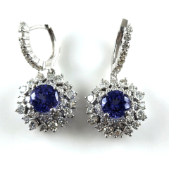 14K White Gold Round Shape Tanzanite Diamond Leverback Earrings with Veil 7.02 Ctw 