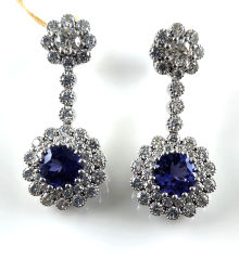 14K White Gold Round Shape Tanzanite Diamond Dangling Screwback Earrings 6.48 Ctw