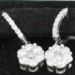 14k White Gold Diamond Clsuter Hoop Dangling Earrings 3.20 Ctw 