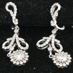 14k White Gold Flower Style Round Cut Center Stone Halo Diamond Screwback Dangling Earrings 1.72 Ctw 