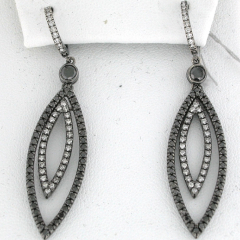 14k White Gold Double Marquise Shaped White and Black Diamond Hoop Dangling Earrings 2.33 Ctw 