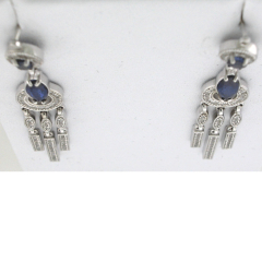 14k White Gold Marquise Blue Sapphire Diamond Chandiler Dangling Earrings 2.24 Ctw 