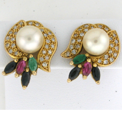 14k Yellow Gold Pear Center Stone and Muliple Color Stones Screwback Diamond Earrings 1.81 