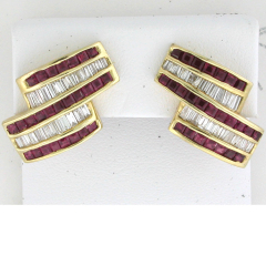 14k Yellow Gold Princess cut Rubies and Diamond Baguettes Omegaback Earrings 4.20 Ctw 