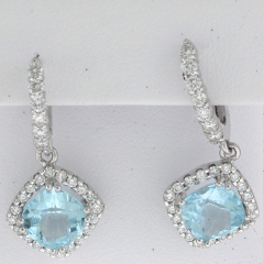 14k White Gold Aquamarine Cennter Stone Diamond Halo Leverback Earrings 6.13 Ctw 