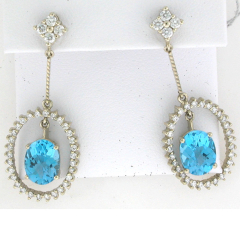 14k White Gold Blue Topaz Center Stone Screwback Diamond Earrings 0.98 Ctw 
