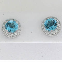 14k White Gold Blue Topaz Center Stone Diamond Halo Stud Earrings 2.72 Ctw