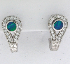 14k White Gold Round Ethopitian Opal Bezel Set Leverback Diamond Earrings 0.67 Ctw 