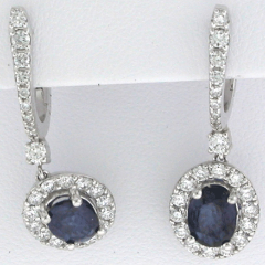 14k White Gold Blue Sapphire Center Stone Diamond Halo Leverback Earrings 2.43 Ctw 