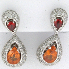 14k White Gold Orange and Red Sapphires Screwback Diamond Earrings 3.66 Ctw 