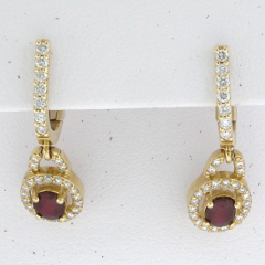 14k Yellow Gold Ruby Center Stone Leverback Diamond Earrings 1.46 Ctw 