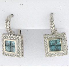 14k White Gold Princess Cut Blue Diamonds Leverback Diamond Earrings 2.36 Ctw 