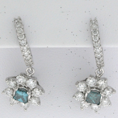 14k White Blue Diamond Center Stone Diamond Halo Dangling Hoop Earrings 2.40 Ctw 