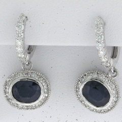 14k White Gold Blue Sapphire Center Stone Bezel Set Hoop Dangling Diamond Earrings 4.70 Ctw 