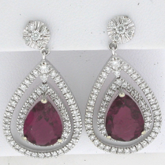 14k White Gold Pink Tourmaline Center Stone Double Diamond Halo Screwback Earrings 6.95 Ctw 