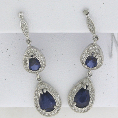 14k White Gold Blue Sapphire Center Stone Diamond Halo Screwback Earrings 3.27 Ctw