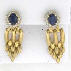 14k Yellow Gold Blue Sapphire Center Stone Diamond Halo Ring Dangling Screwback Earrings 1.78 Ctw 