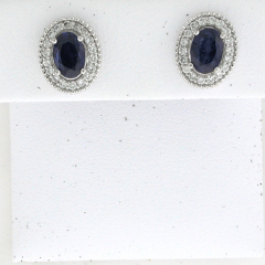 14k White Gold Blue Sapphire Center Stone Diamond Halo Screwback Earrings 1.82 Ctw