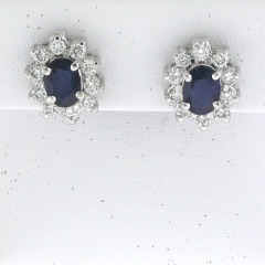 14k White Gold Blue Sapphire Center Stone Diamond Halo Screwback Stud Earrings 2.31 Ctw 