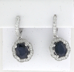 14k White Gold Blue Sapphire Center Stone Diamond Halo Hoop Earrings 4.22 Ctw 