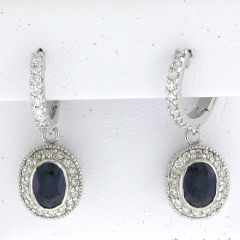 14k White Gold Blue Sapphire Center Stone Bezel Set Hoop Dangling Diamond Earrings 2.86 Ctw