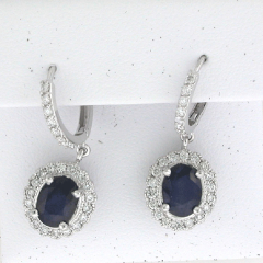 14k White Gold Blue Sapphire Center Stone Diamond Halo Hoop Earrings 3.51 Ctw